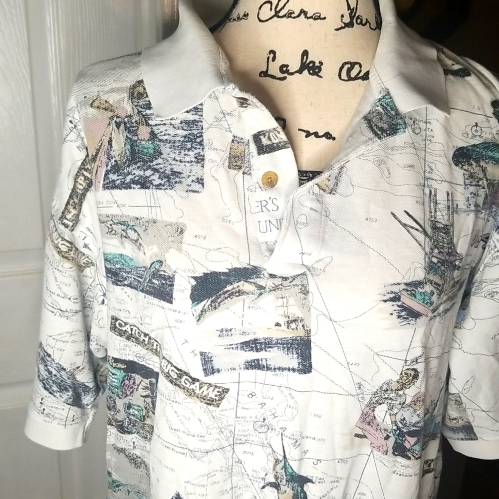 Vintage Hook&Tackle Oufitters Polo-Funky Print Collared Short Sleeved Shirt-SzXL